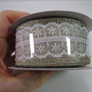 champagne gold metallic wired ribbon with lace applique NEW unopened